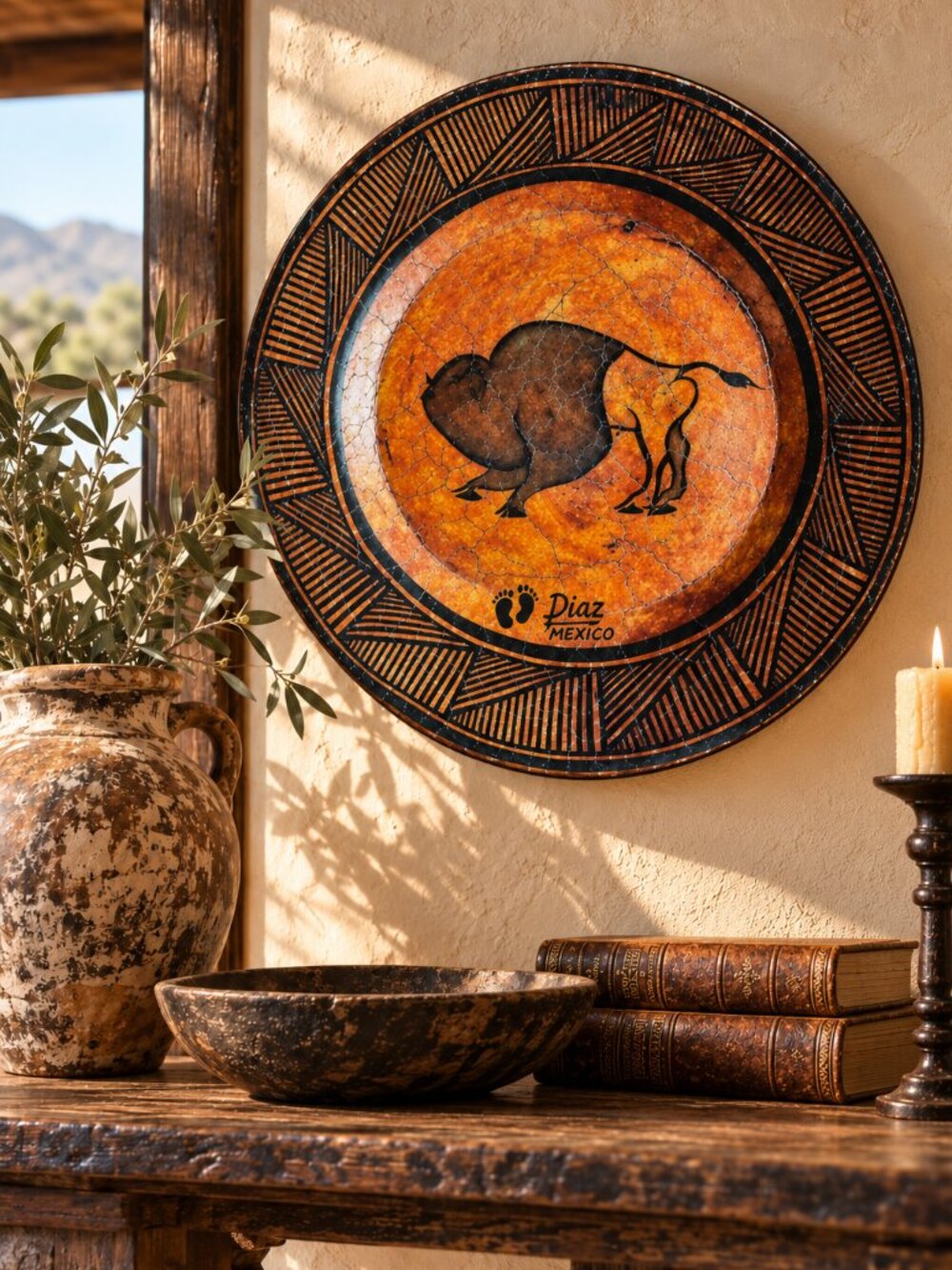 Vintage Original Signed Diaz Studio Pottery Bison Wall Art